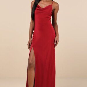 Lulus Truly A Beauty Wine Red Satin Cowl Neck Side Button Maxi Dress - Size L
